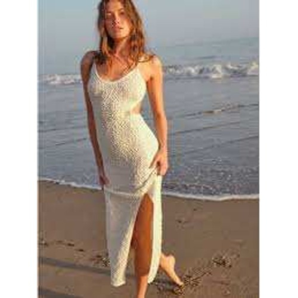 Free People Cream Za Za Textured Slit Midi Dress XS Festival Boho Resort Beach